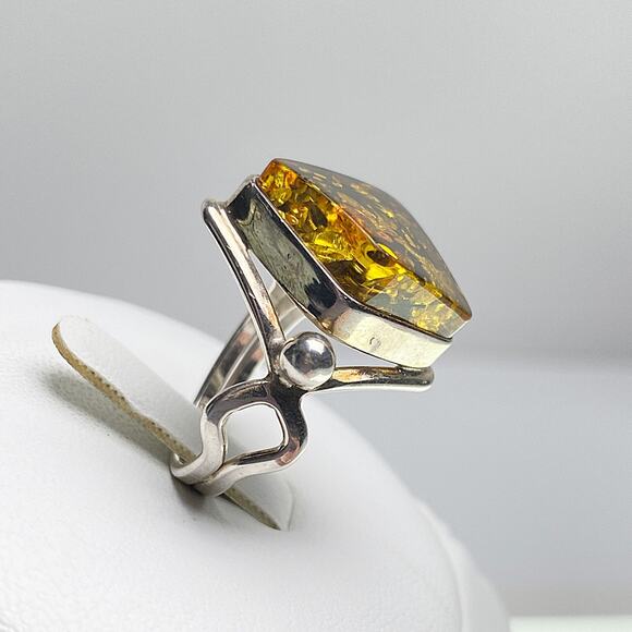Polish Baltic Amber Ring 925 Sterling Silver Diamond Shape Size 7 Statement - Picture 6 of 12